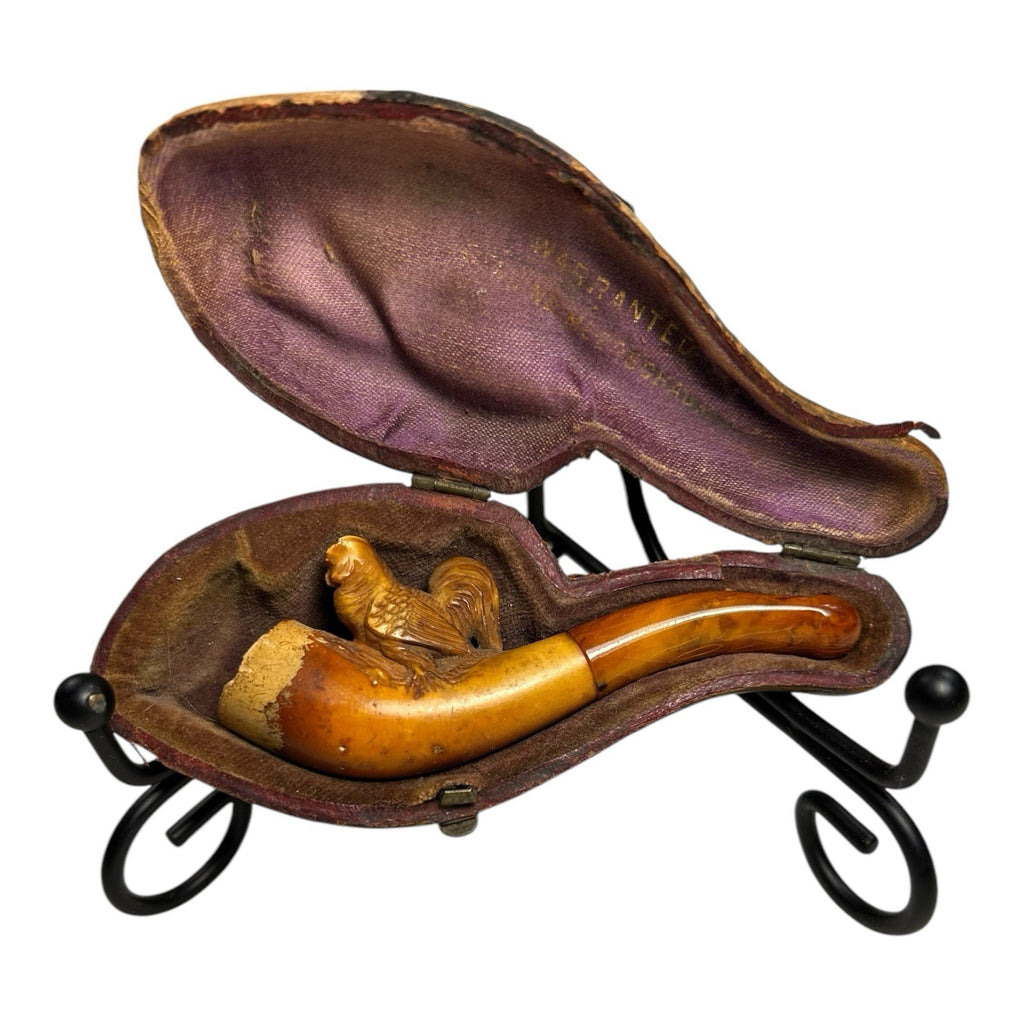 Antique Meerschaum Carved Chicken Pipe with Amber Mouthpiece (Original Case)
