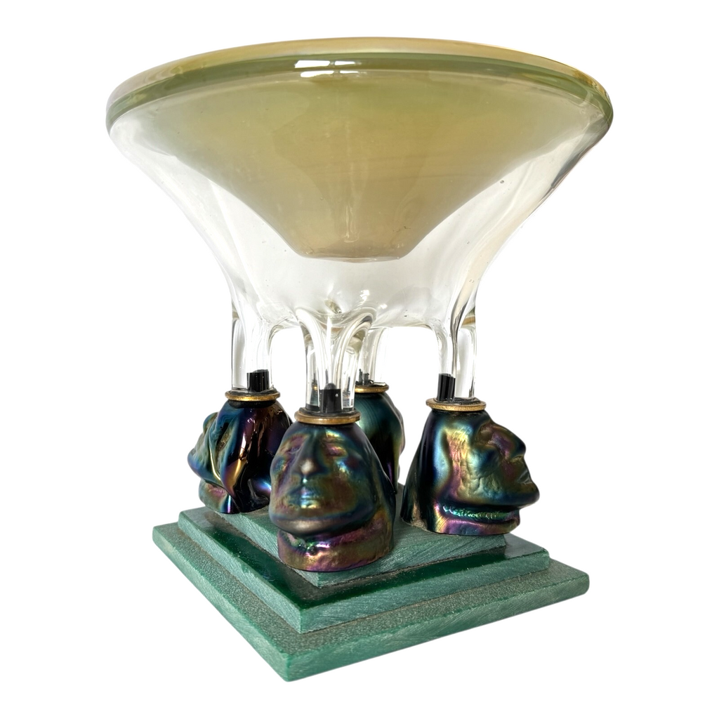 Vintage Postmodern Iridescent Art Glass Pedestal Bowl with Sculptural Bust Base