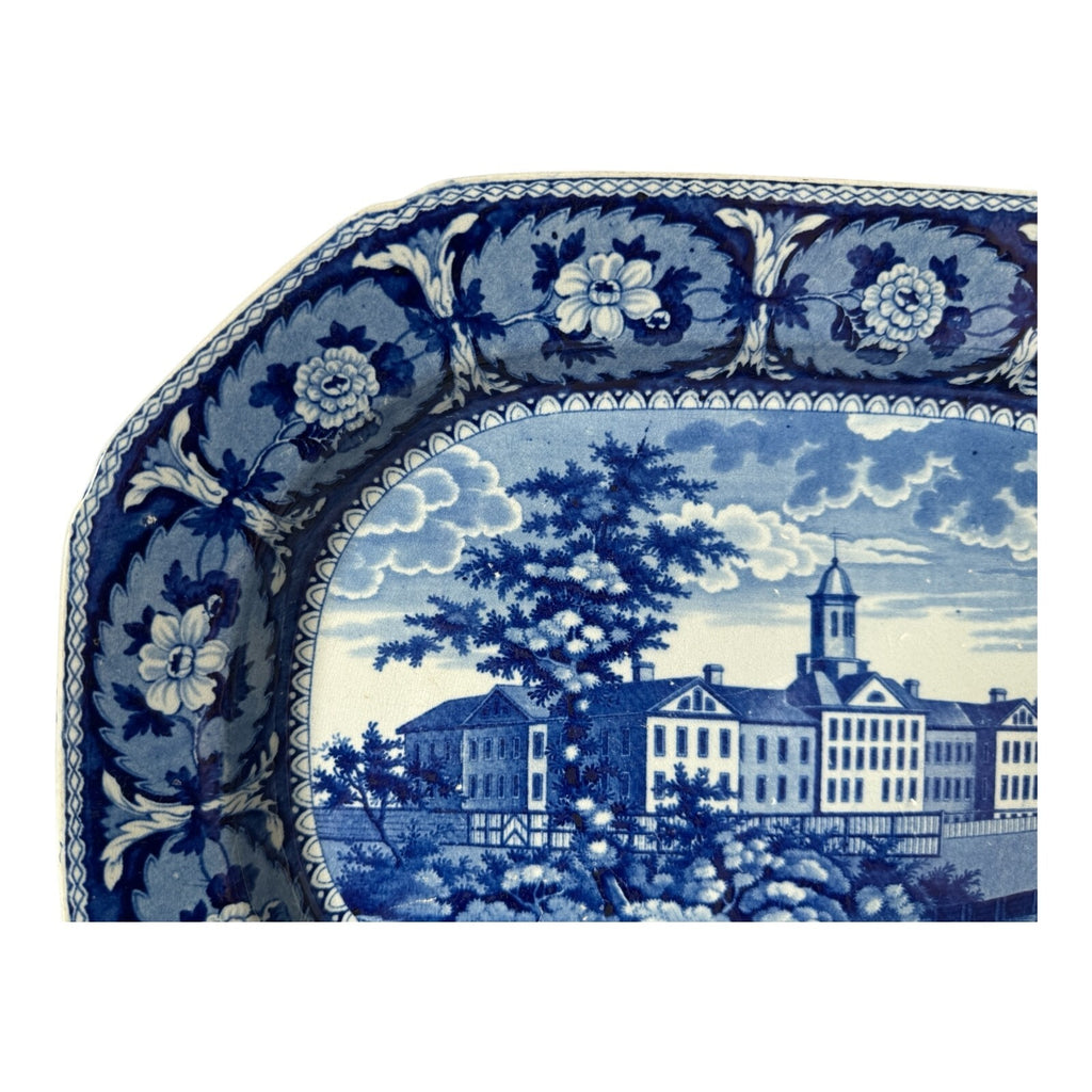 Antique Historical Staffordshire Blue White Transferware Platter – Alms House NY