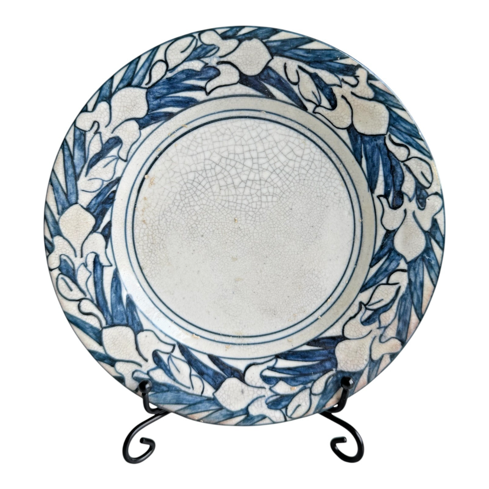 Antique Dedham Stoneware Pottery Iris Pattern Blue Crackle Cabinet Plate, 6"