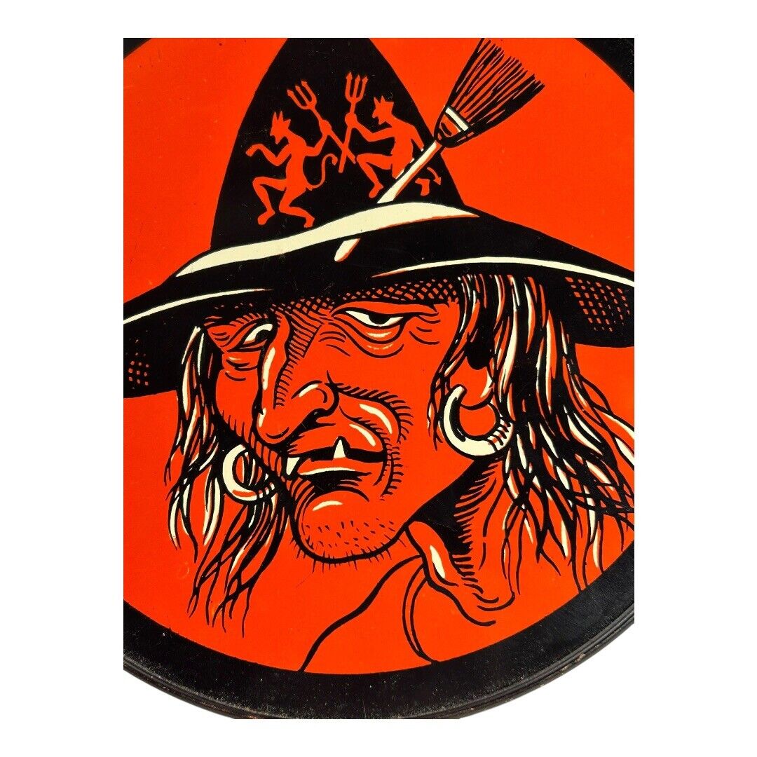 Vintage Halloween Witch Tin Litho Tambourine Noisemaker Instrument  - T. Cohn