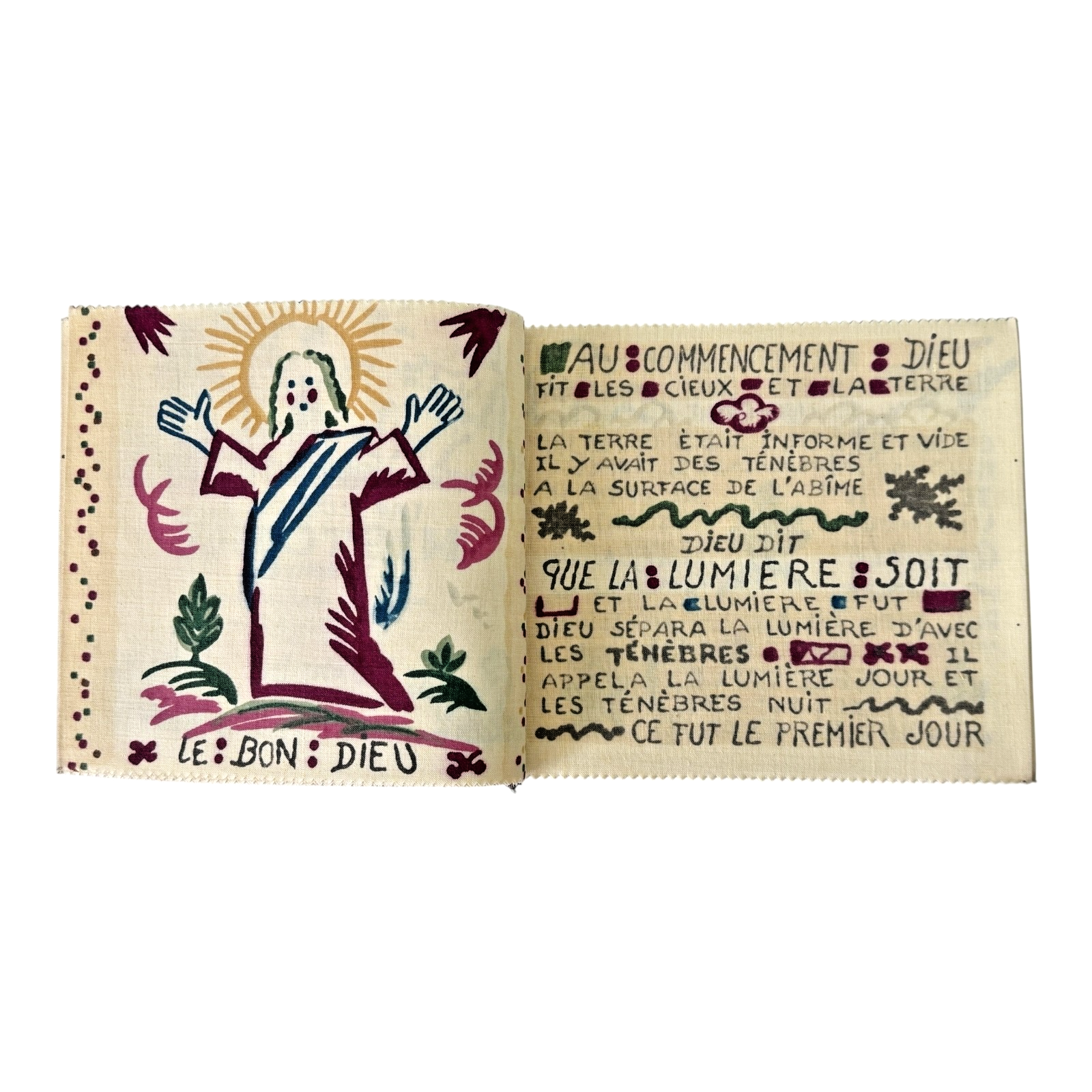 Antique Paul Dumas French Linen Cloth Children's Bible Book Creation Story