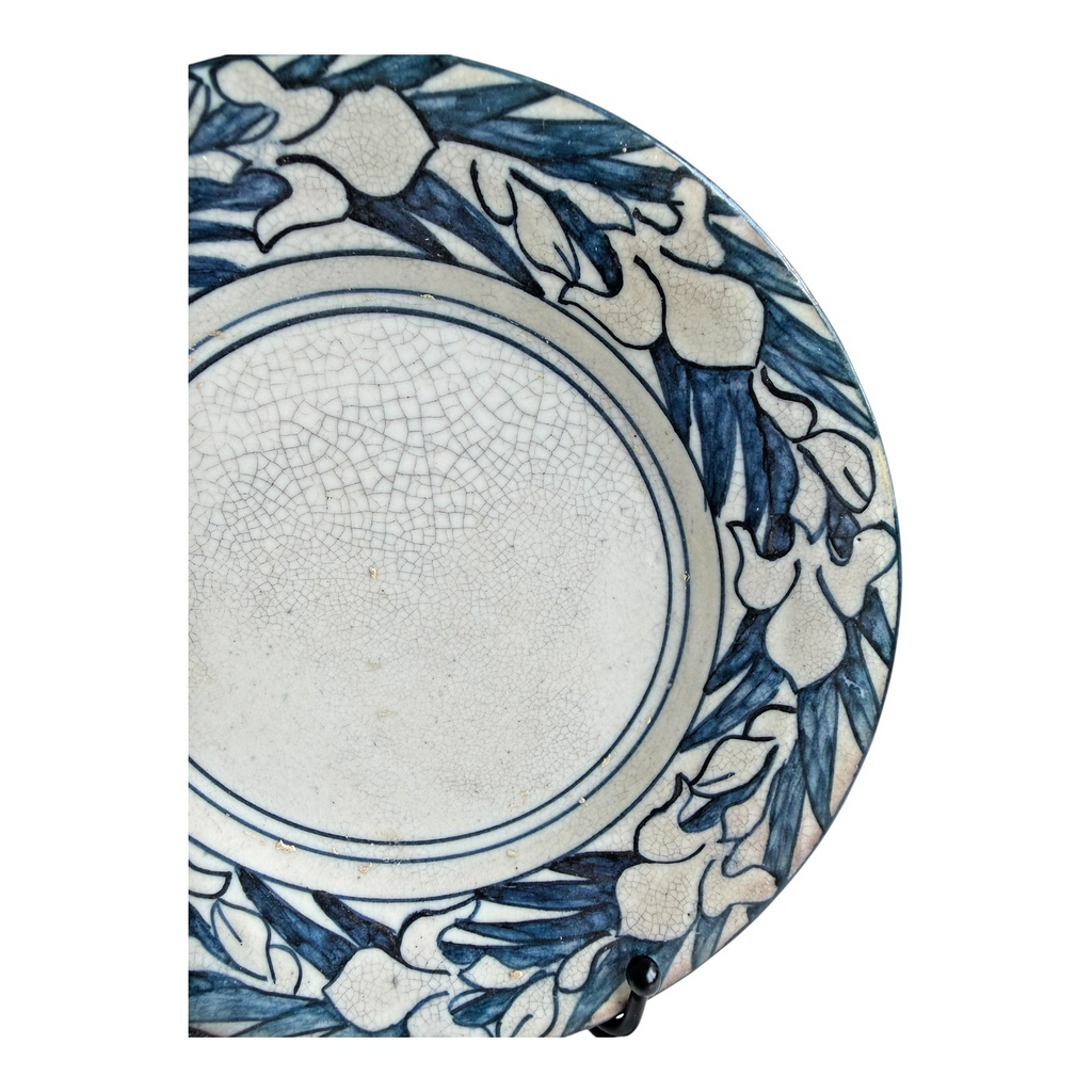 Antique Dedham Stoneware Pottery Iris Pattern Blue Crackle Cabinet Plate, 6"