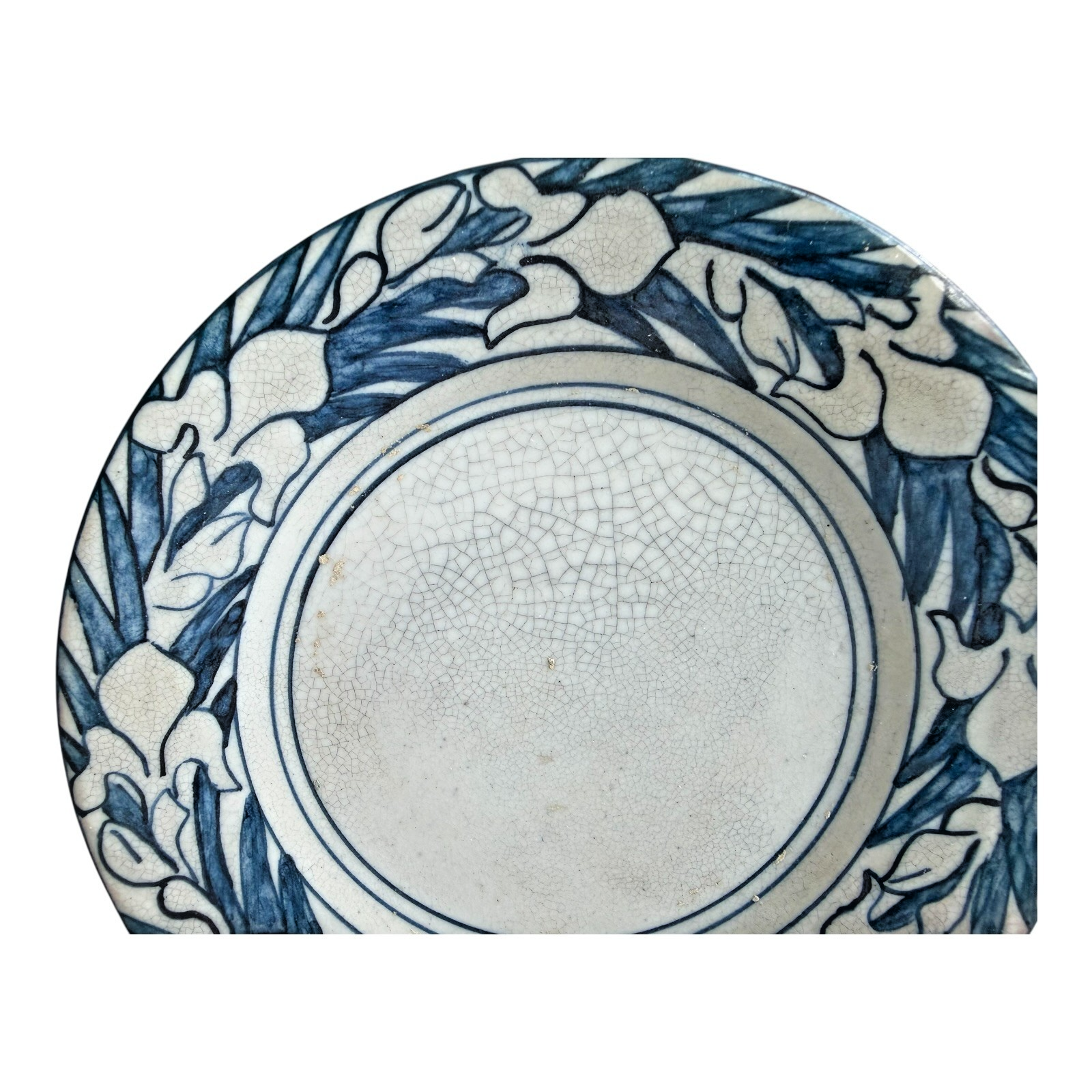 Antique Dedham Stoneware Pottery Iris Pattern Blue Crackle Cabinet Plate, 6"