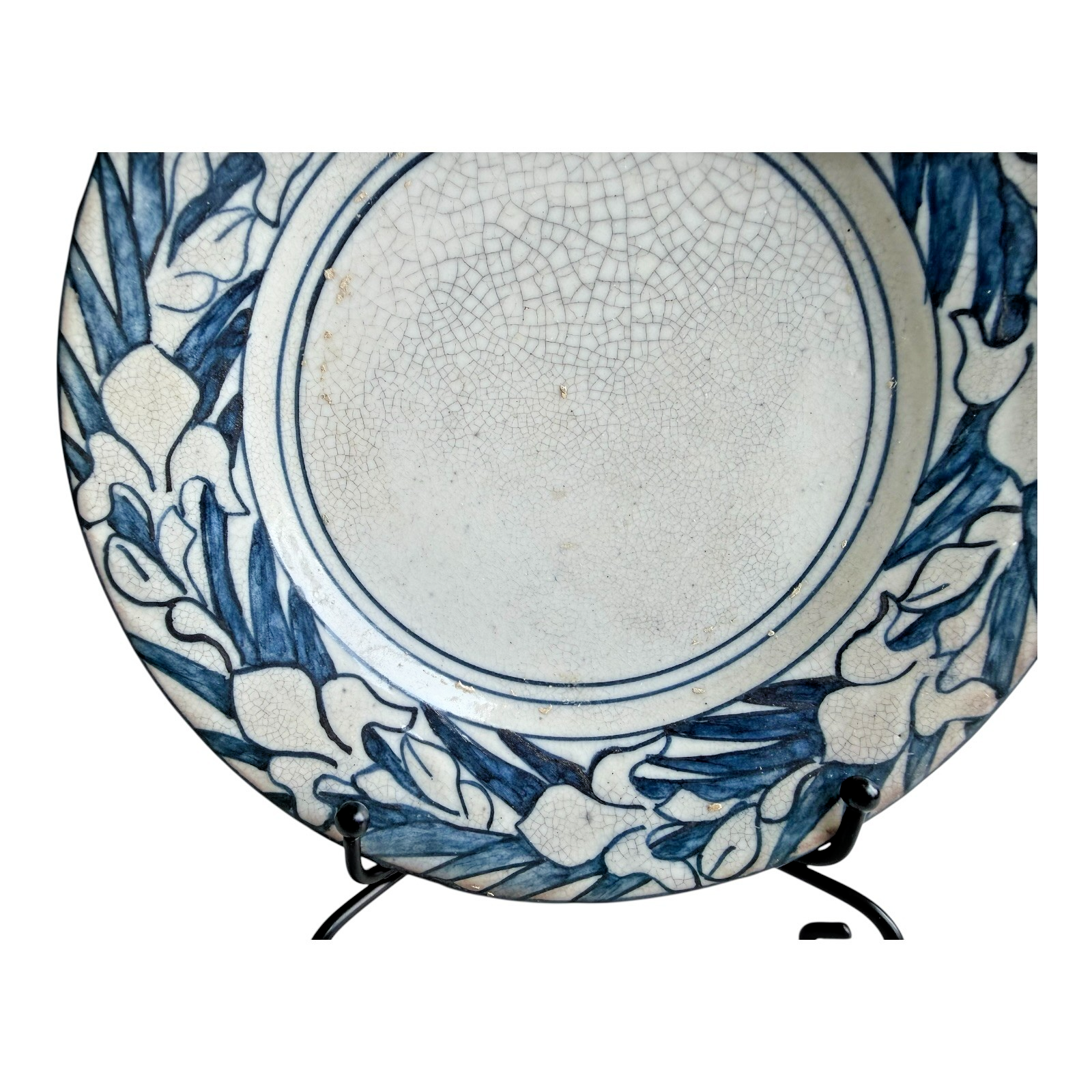 Antique Dedham Stoneware Pottery Iris Pattern Blue Crackle Cabinet Plate, 6"
