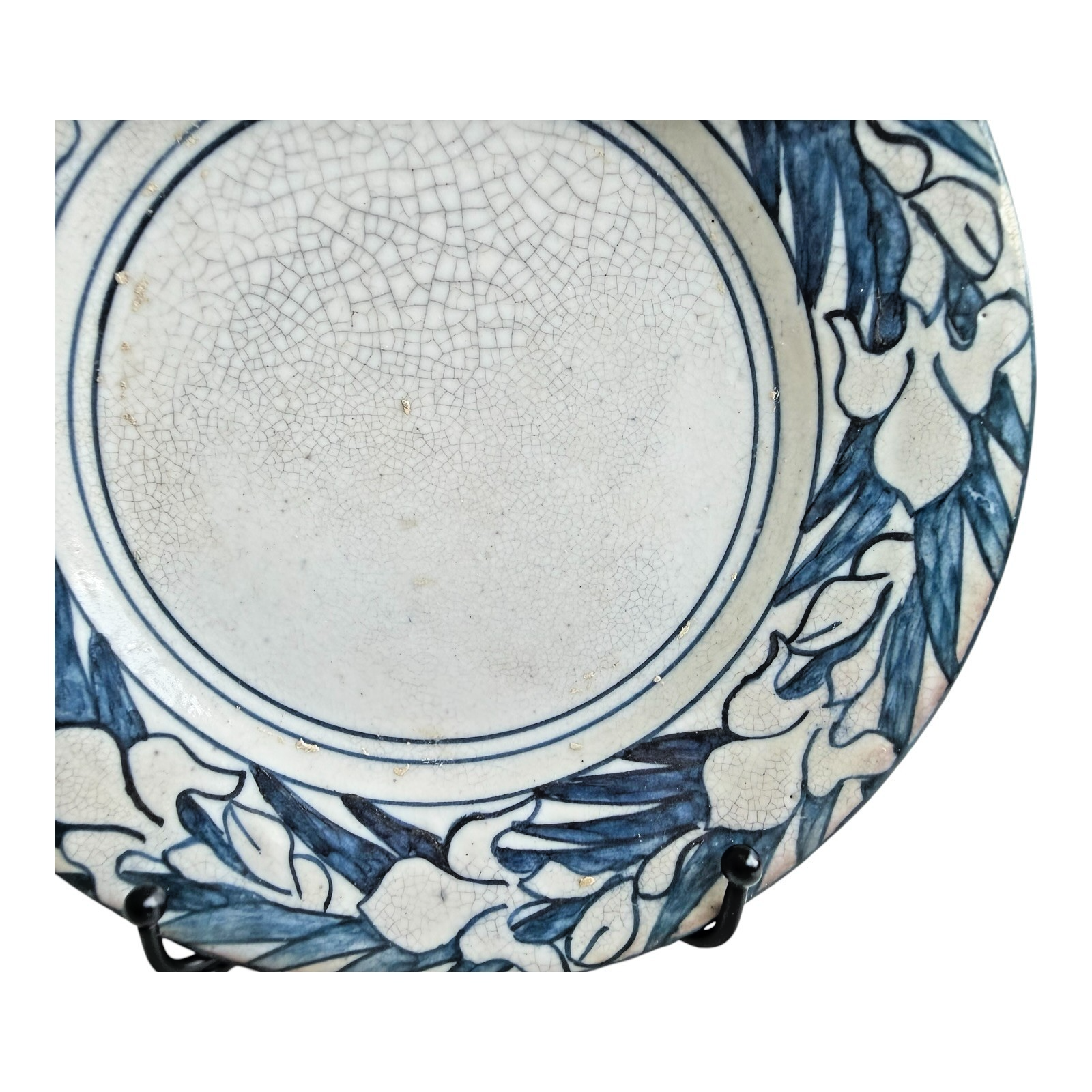 Antique Dedham Stoneware Pottery Iris Pattern Blue Crackle Cabinet Plate, 6"