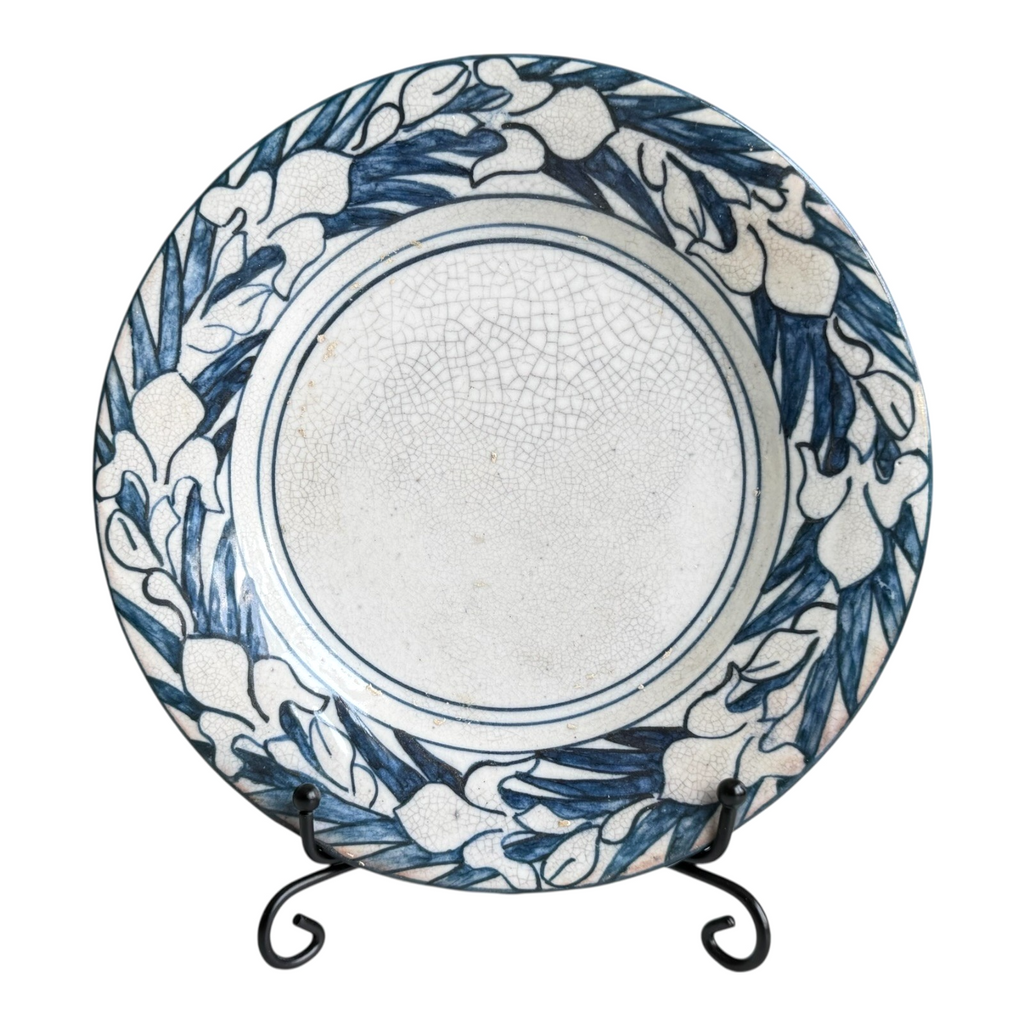 Antique Dedham Stoneware Pottery Iris Pattern Blue Crackle Cabinet Plate, 6"