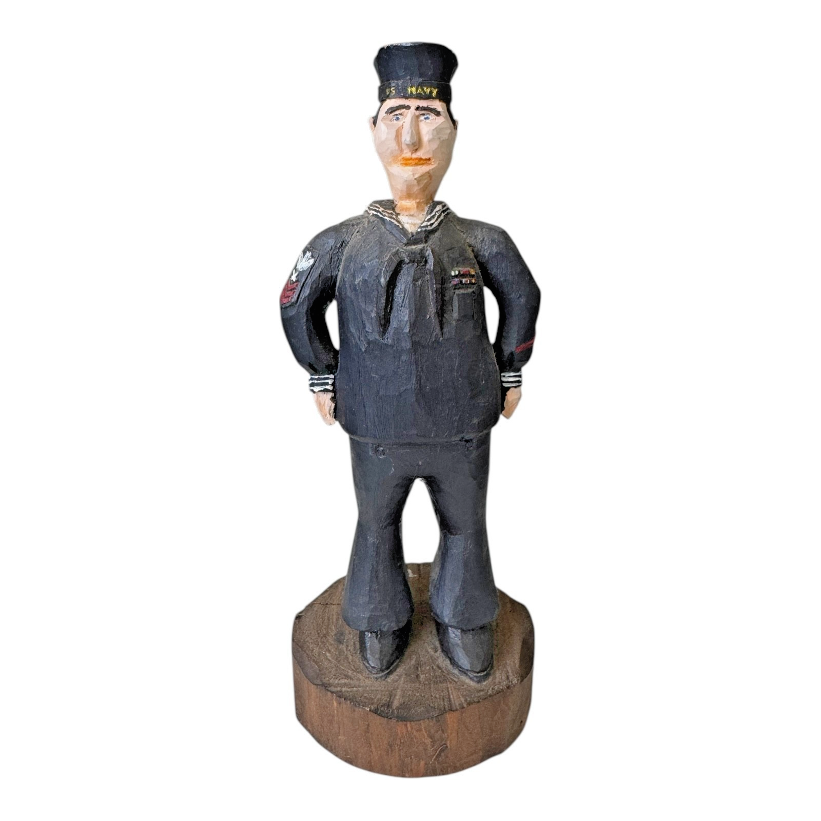 Vintage Folk Art Wood Carved Figure of a US Navy Sailor - Collectible Militaria