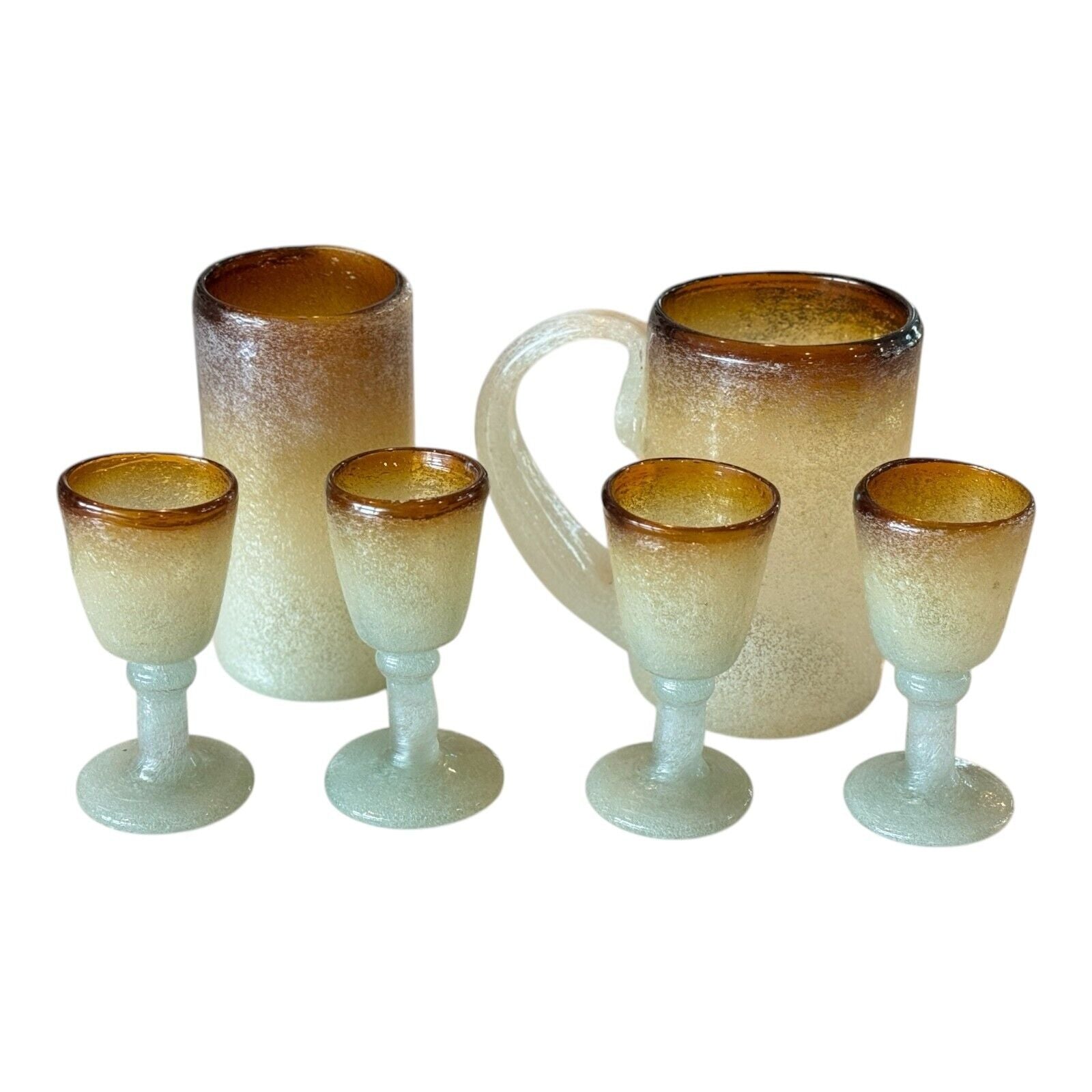 Vintage Murano Pulegoso Seafoam Amber Cordial Glasses & Tumblers - 6 Piece Set