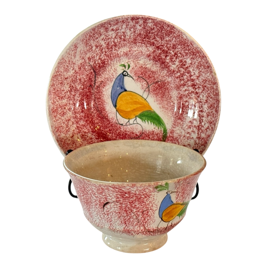 Antique Staffordshire Red Spatterware Spongeware Cup and Saucer - Peafowl Design