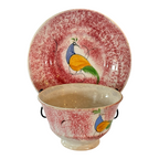 Antique Staffordshire Red Spatterware Spongeware Cup and Saucer - Peafowl Design