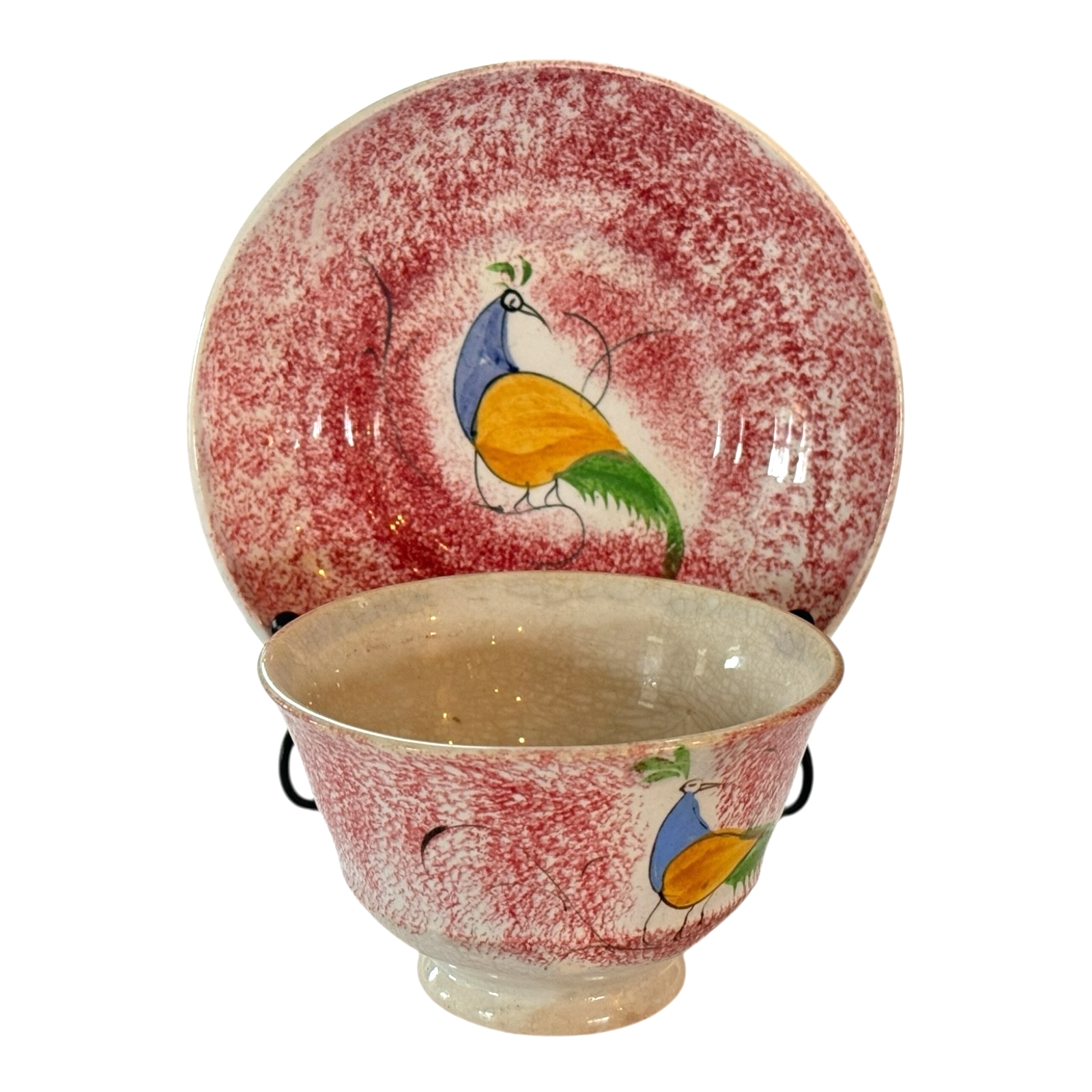 Antique Staffordshire Red Spatterware Spongeware Cup and Saucer - Peafowl Design