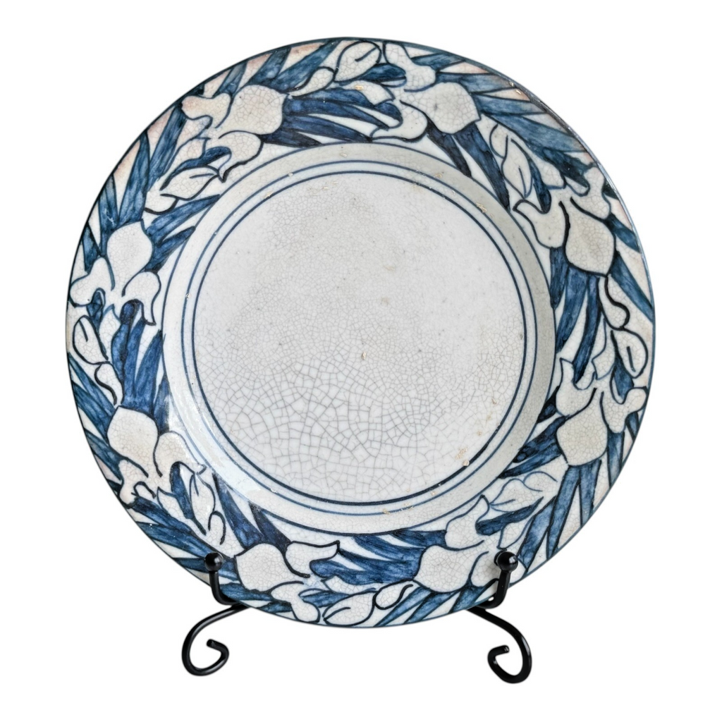 Antique Dedham Stoneware Pottery Iris Pattern Blue Crackle Cabinet Plate, 6"