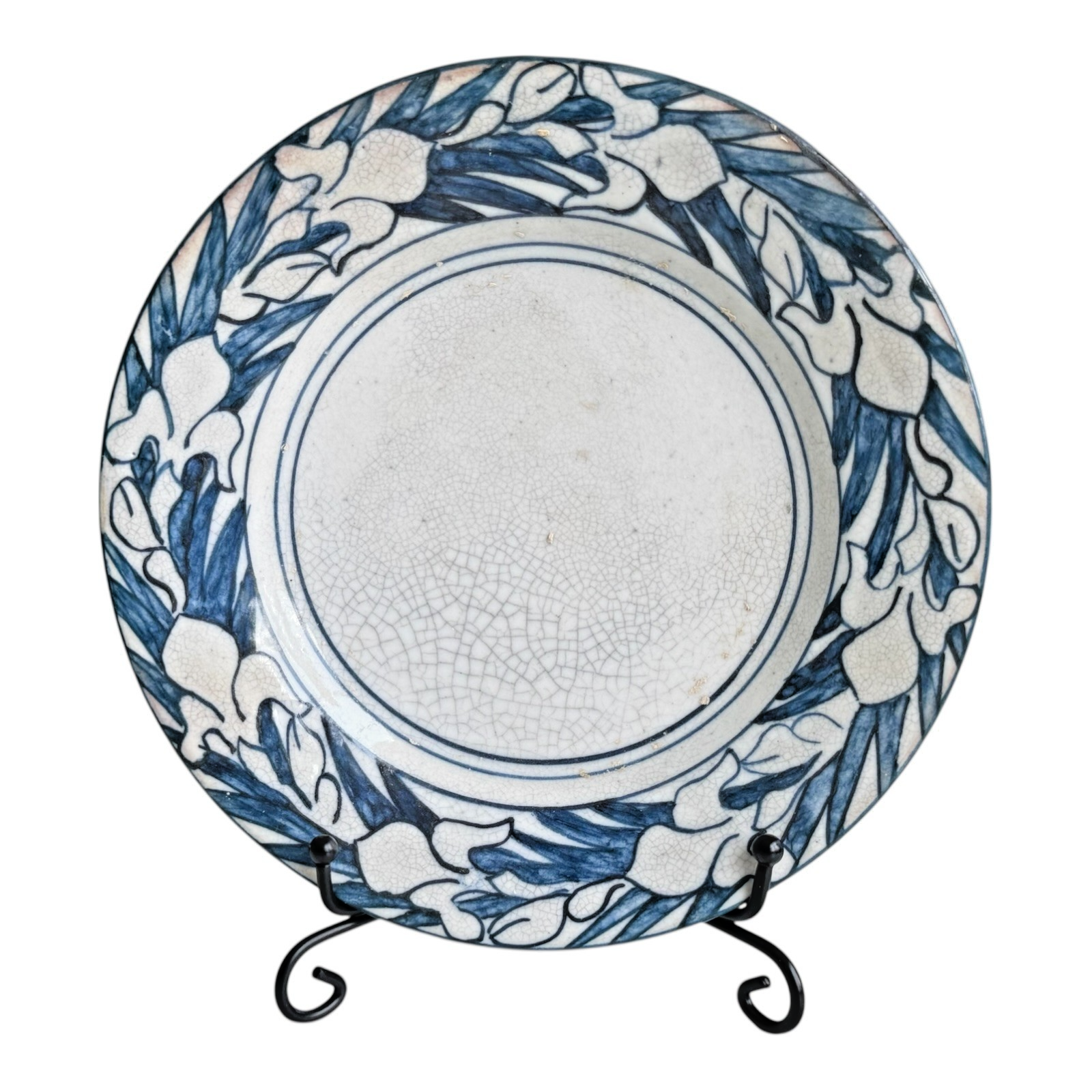 Antique Dedham Stoneware Pottery Iris Pattern Blue Crackle Cabinet Plate, 6"