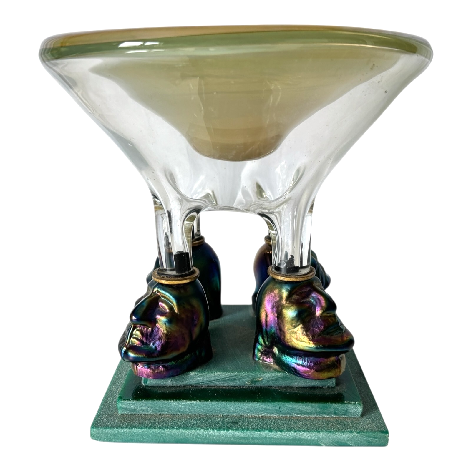 Vintage Postmodern Iridescent Art Glass Pedestal Bowl with Sculptural Bust Base