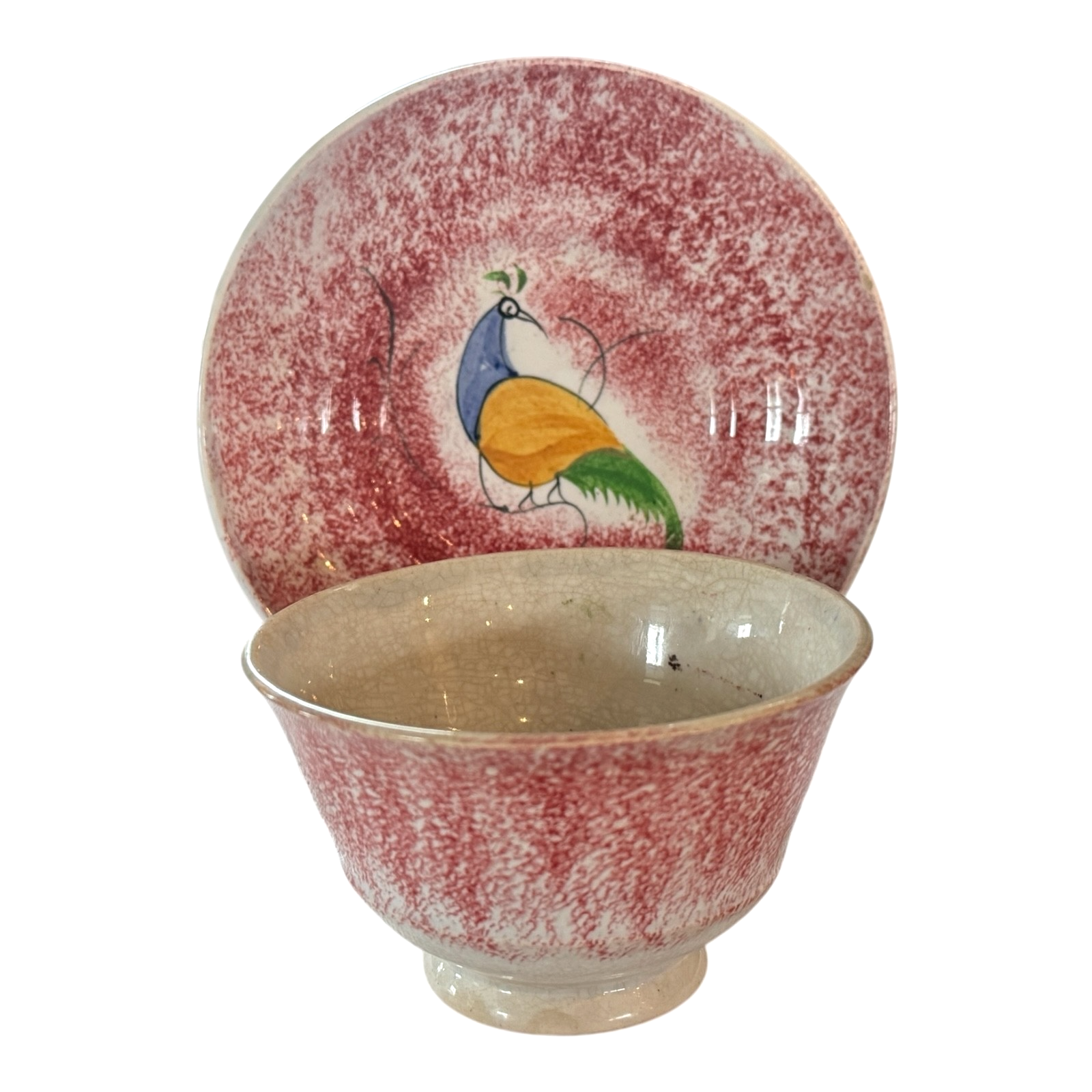 Antique Staffordshire Red Spatterware Spongeware Cup and Saucer - Peafowl Design