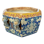 Antique Chinese Qing Dynasty Guangxu Cloisonné Style Pottery Bowl - Mask Handles