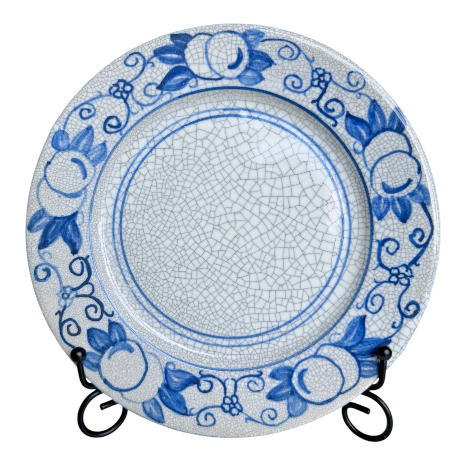 Antique Dedham Pottery Horse Chestnut Pattern Blue Crackle Lunch Plate, 7.5"