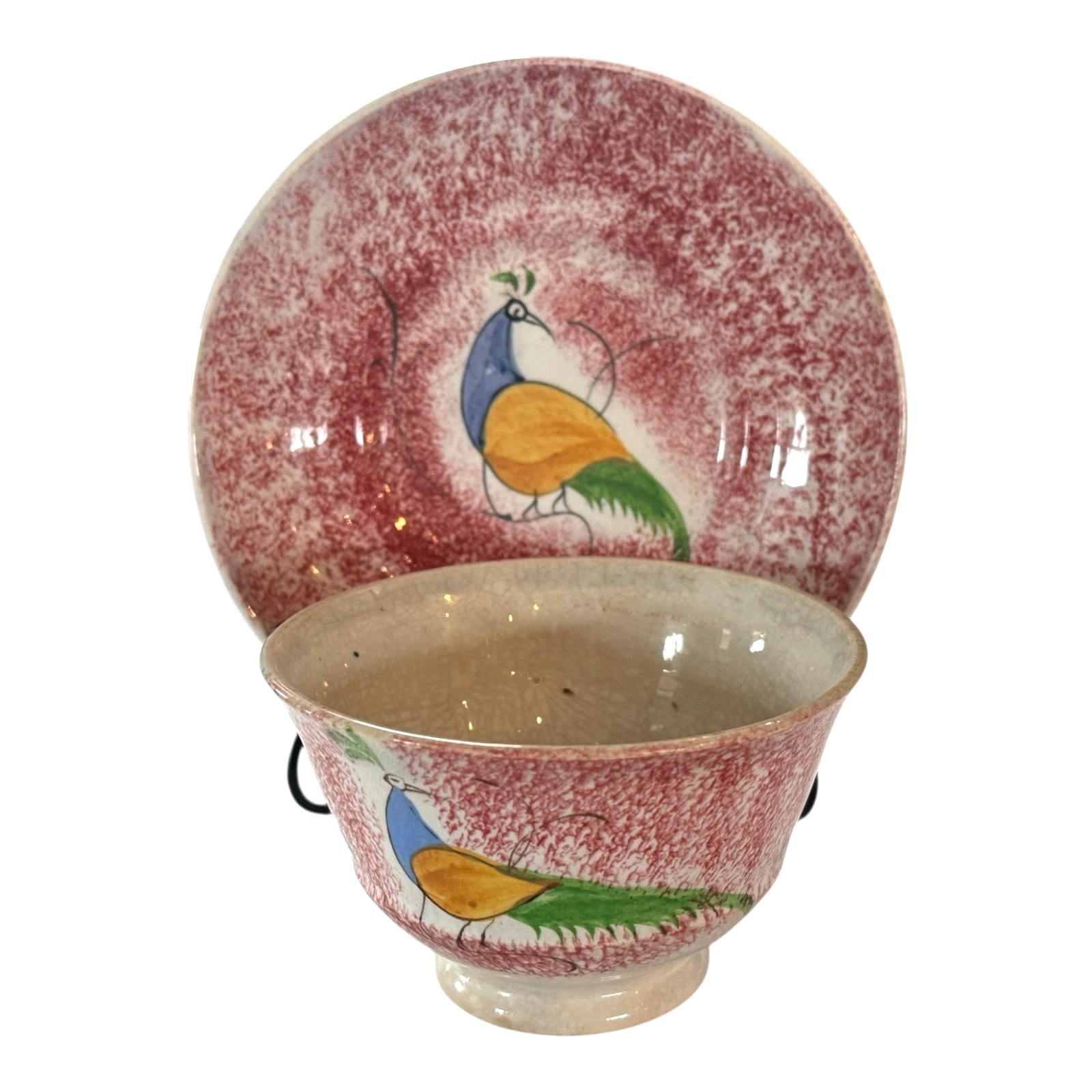 Antique Staffordshire Red Spatterware Spongeware Cup and Saucer - Peafowl Design