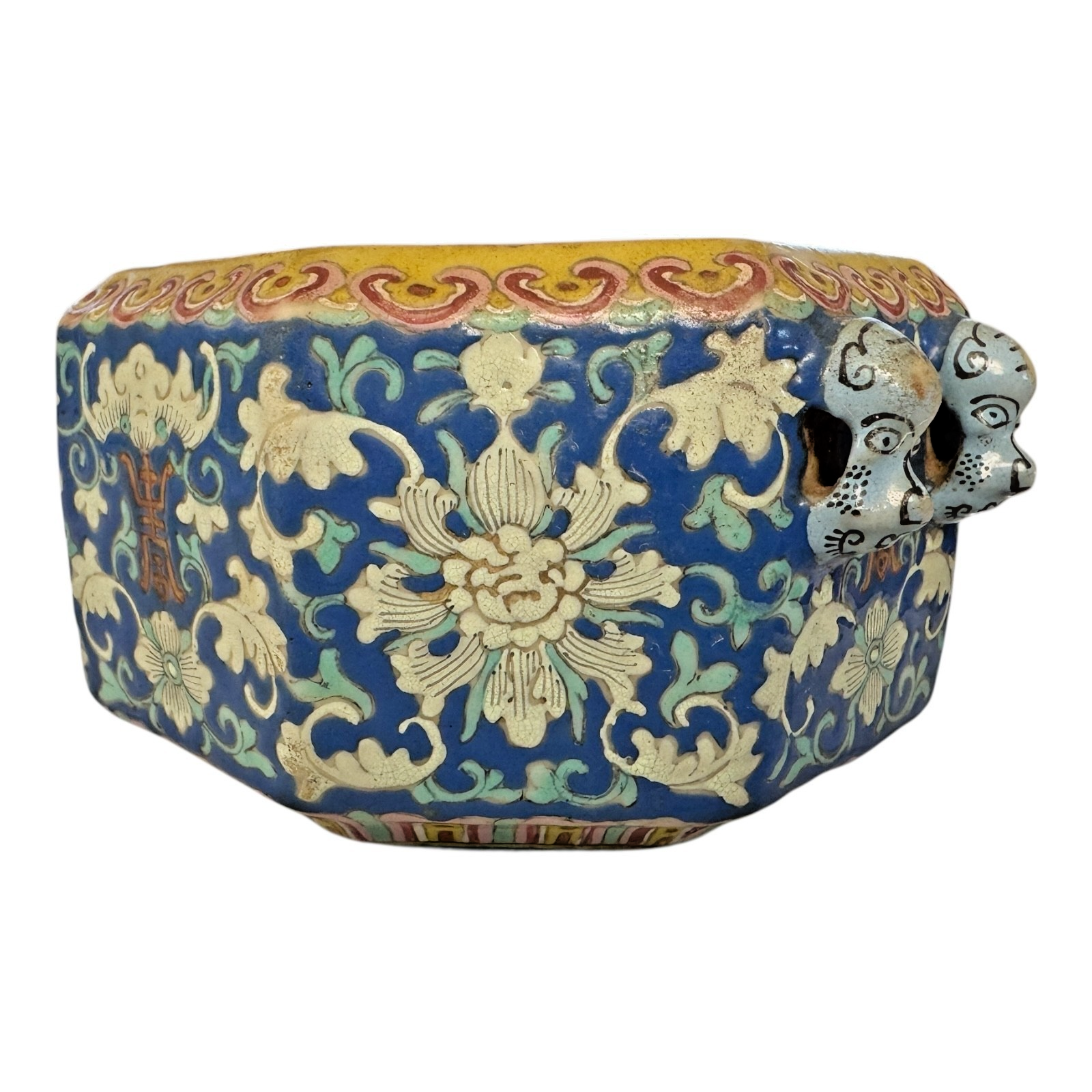 Antique Chinese Qing Dynasty Guangxu Cloisonné Style Pottery Bowl - Mask Handles