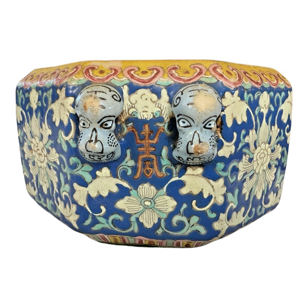 Antique Chinese Qing Dynasty Guangxu Cloisonné Style Pottery Bowl - Mask Handles