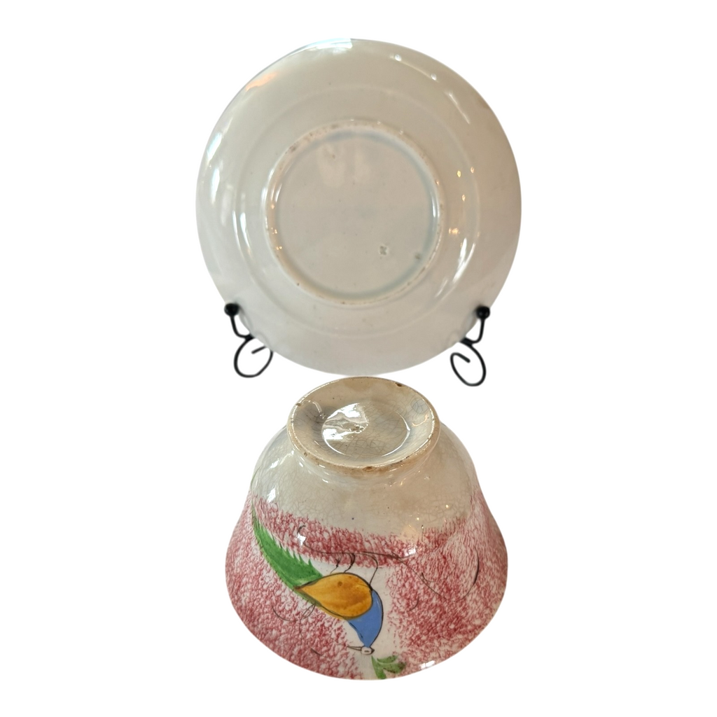 Antique Staffordshire Red Spatterware Spongeware Cup and Saucer - Peafowl Design