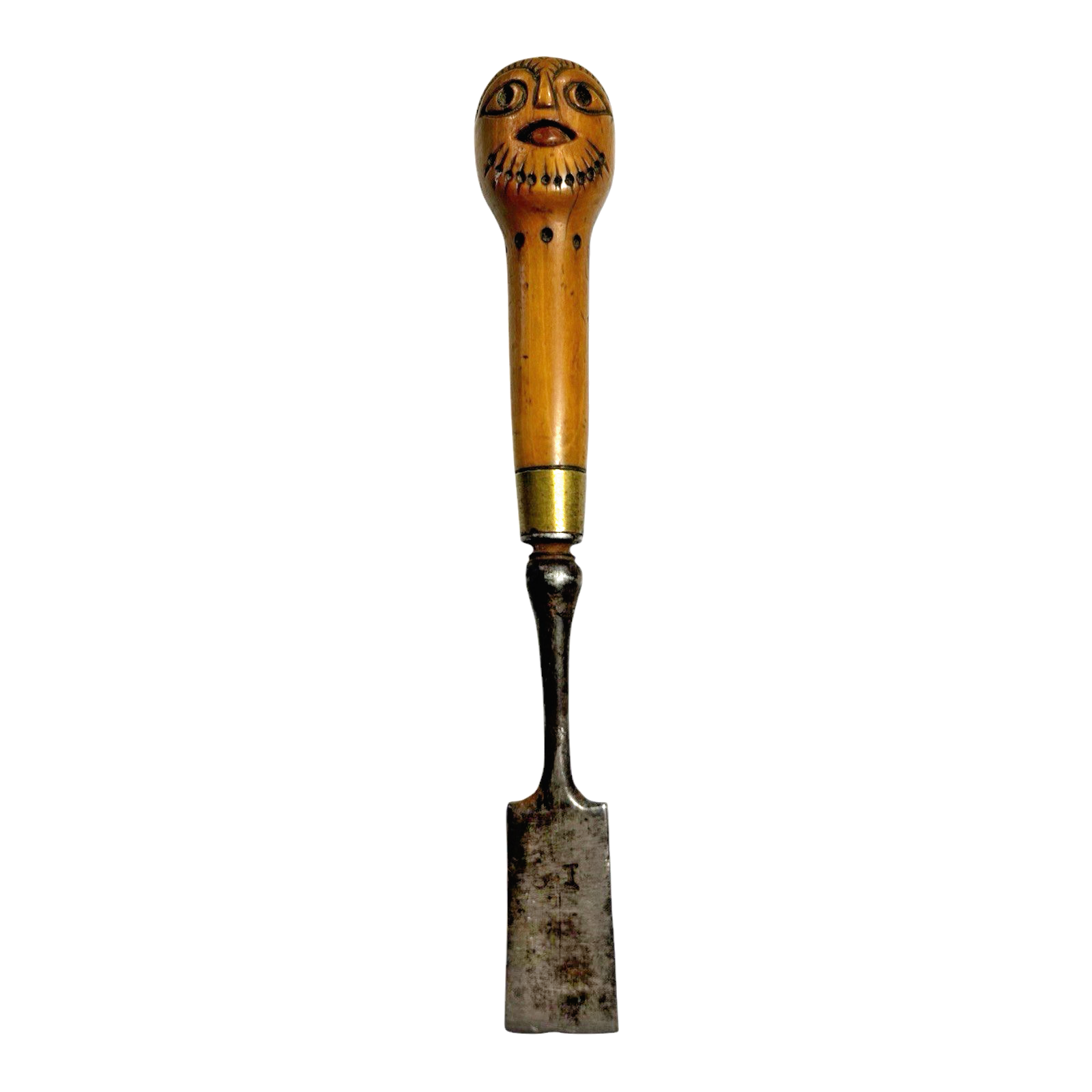 Antique Primitive Folk Art Carved Wood Handle Chisel Tool - Figural Face