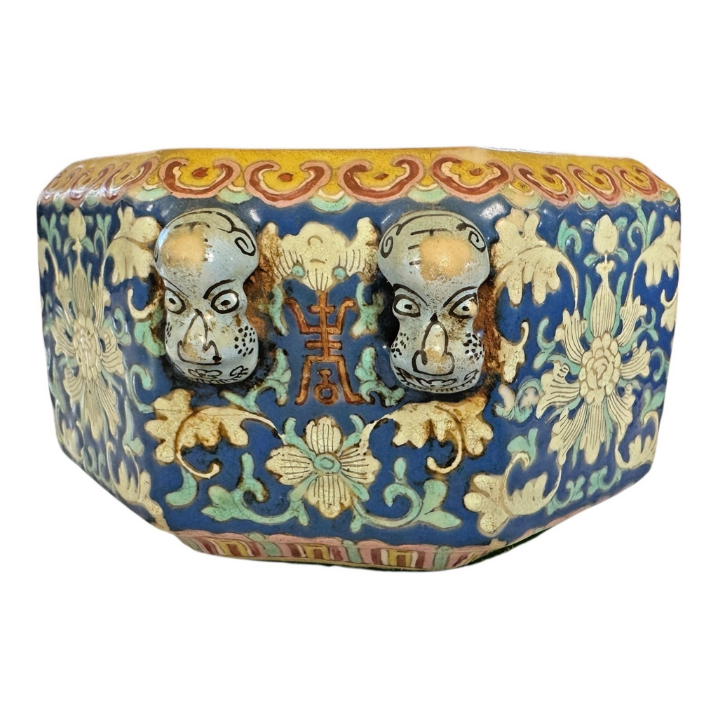 Antique Chinese Qing Dynasty Guangxu Cloisonné Style Pottery Bowl - Mask Handles