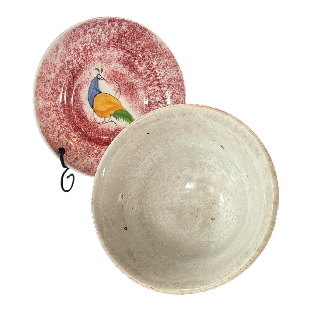 Antique Staffordshire Red Spatterware Spongeware Cup and Saucer - Peafowl Design
