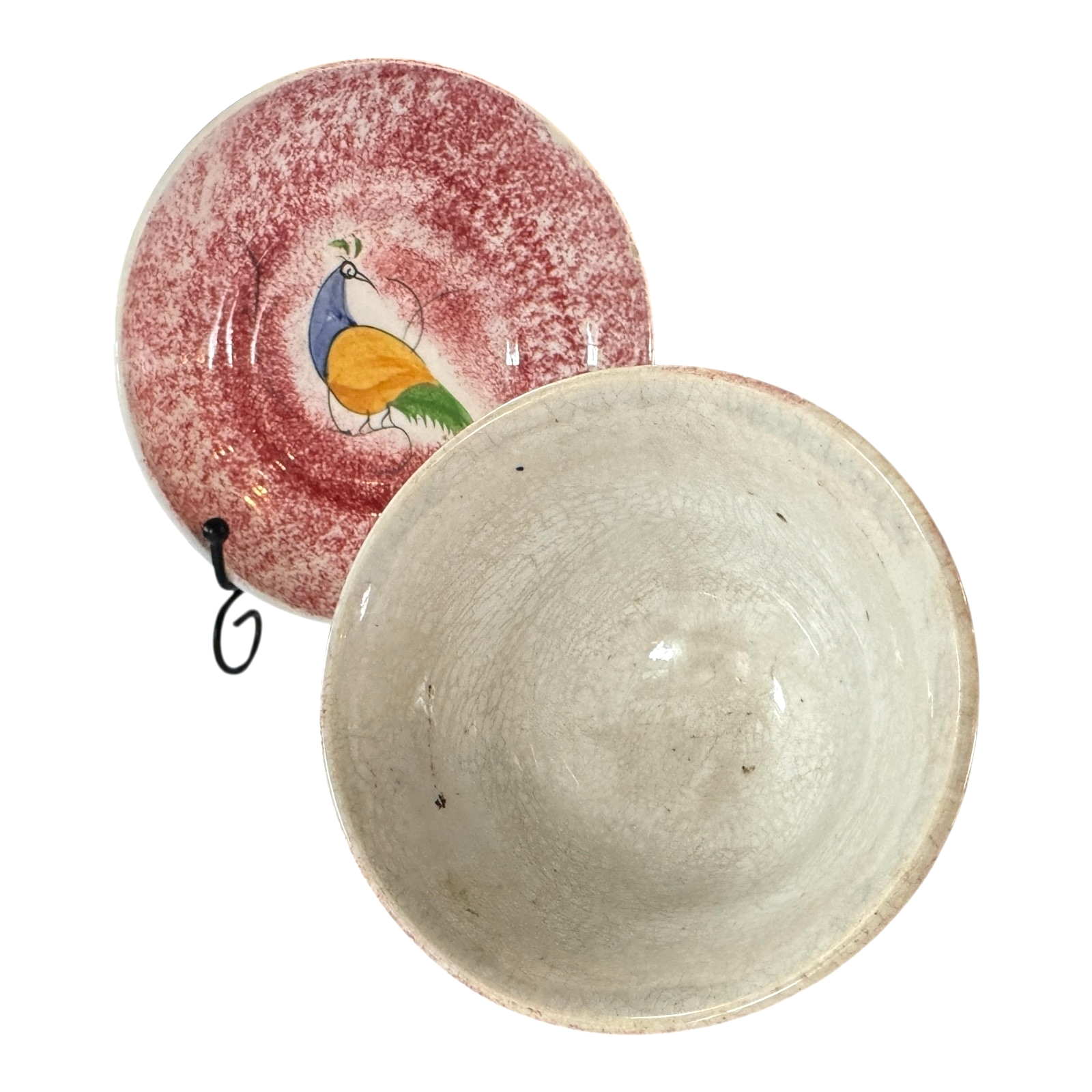 Antique Staffordshire Red Spatterware Spongeware Cup and Saucer - Peafowl Design