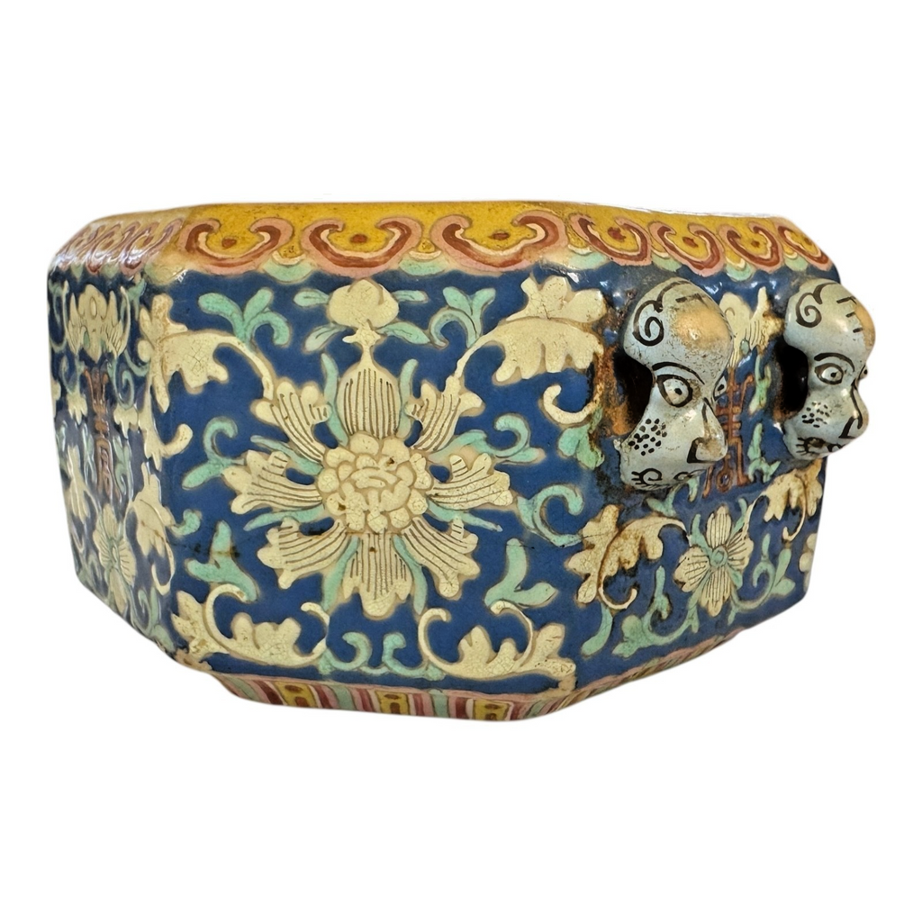 Antique Chinese Qing Dynasty Guangxu Cloisonné Style Pottery Bowl - Mask Handles
