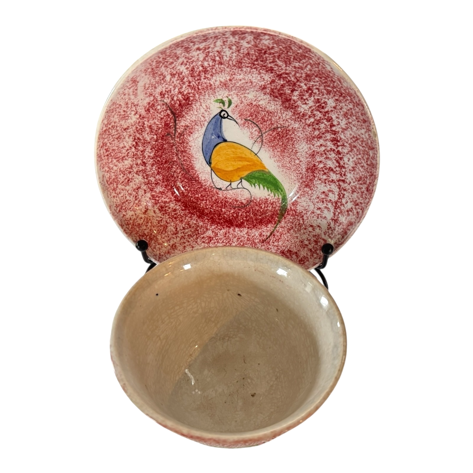 Antique Staffordshire Red Spatterware Spongeware Cup and Saucer - Peafowl Design