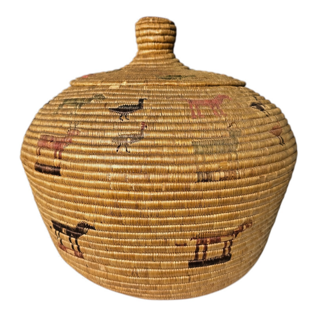 Antique Native American Coiled Lidded Grass Basket with Animal Figures