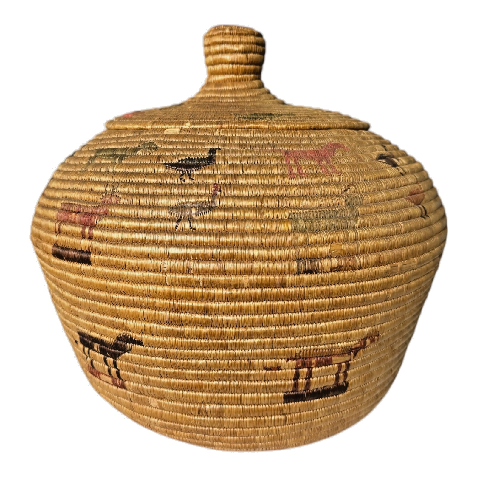 Antique Native American Coiled Lidded Grass Basket with Animal Figures