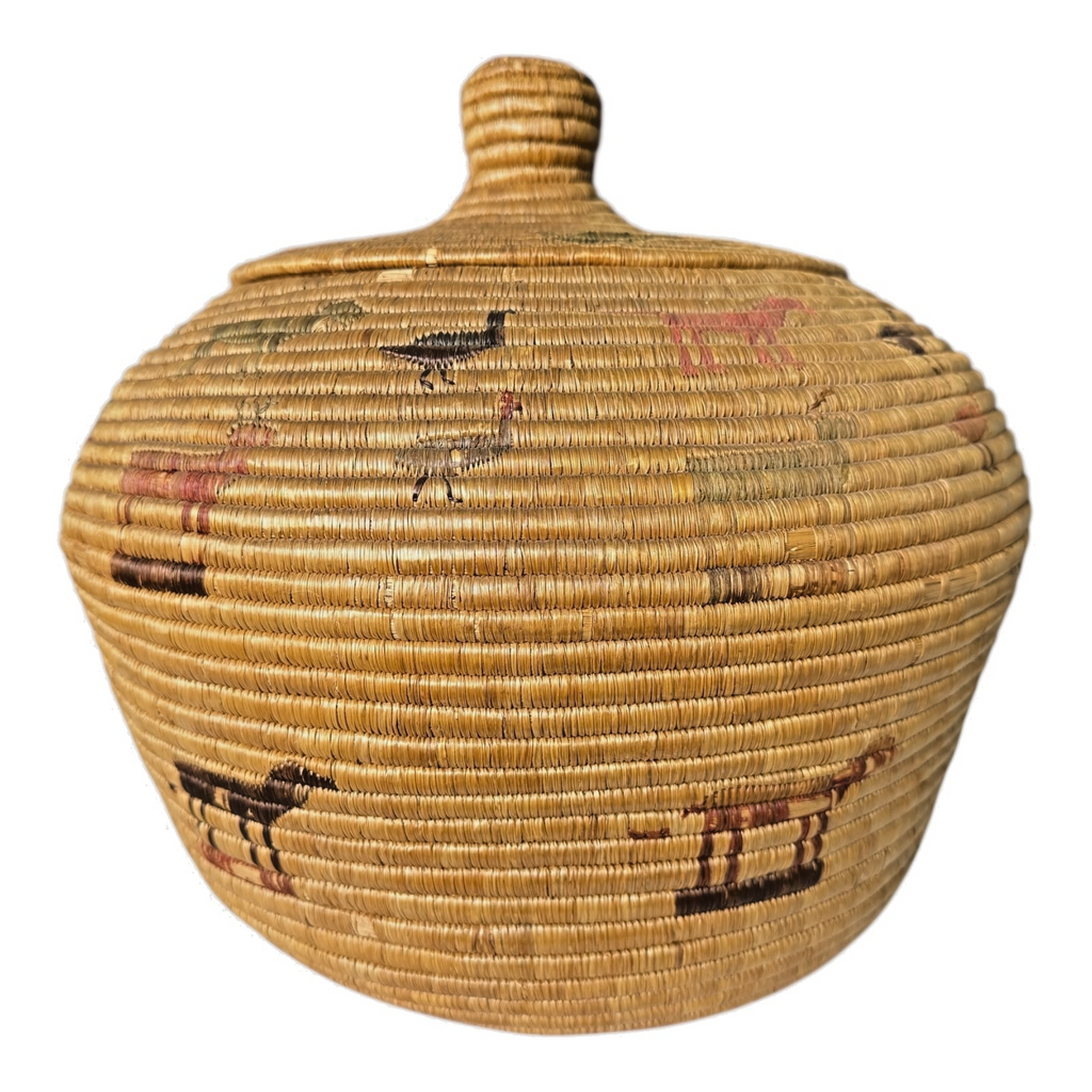 Antique Native American Coiled Lidded Grass Basket with Animal Figures