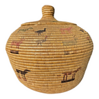 Antique Native American Coiled Lidded Grass Basket with Animal Figures