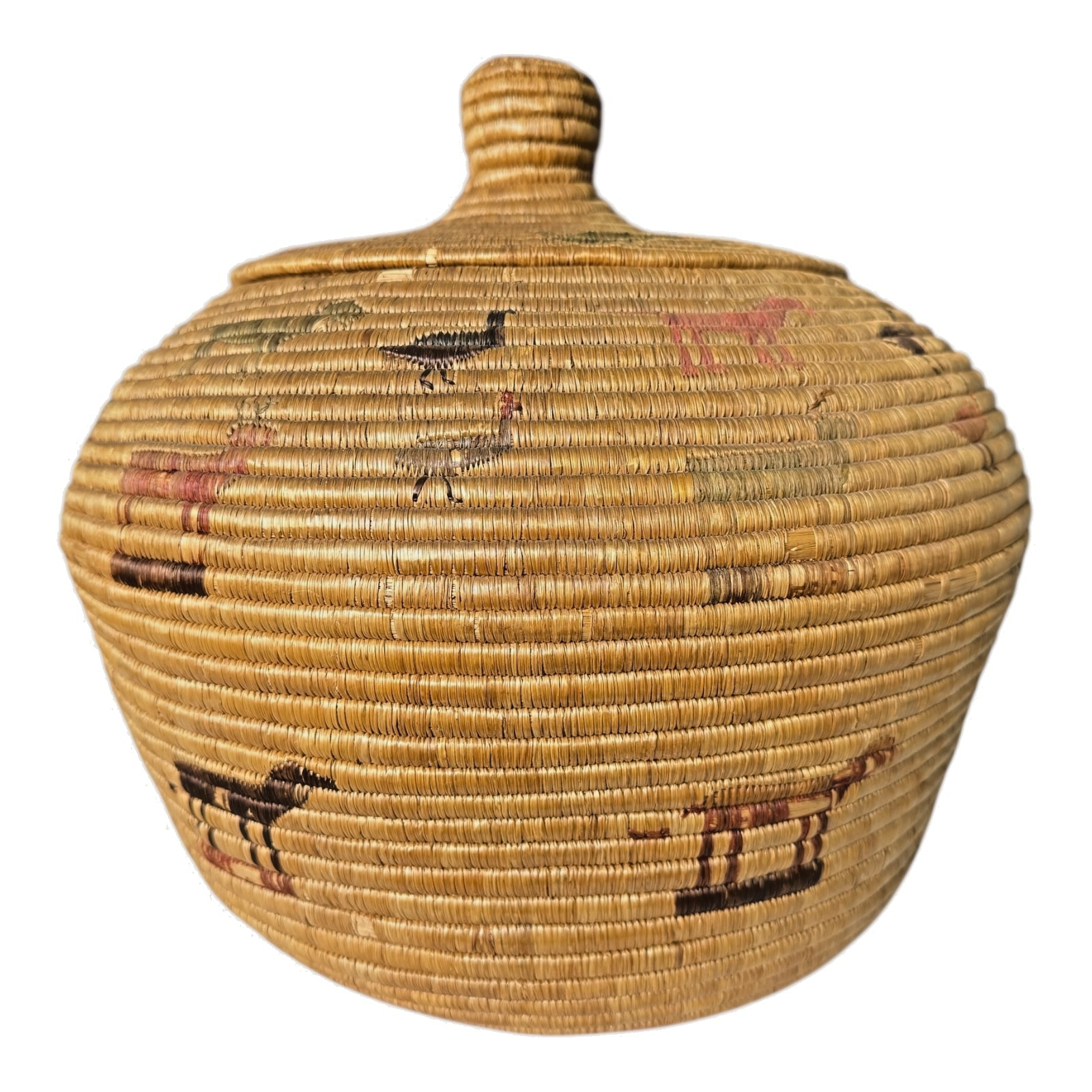 Antique Native American Coiled Lidded Grass Basket with Animal Figures