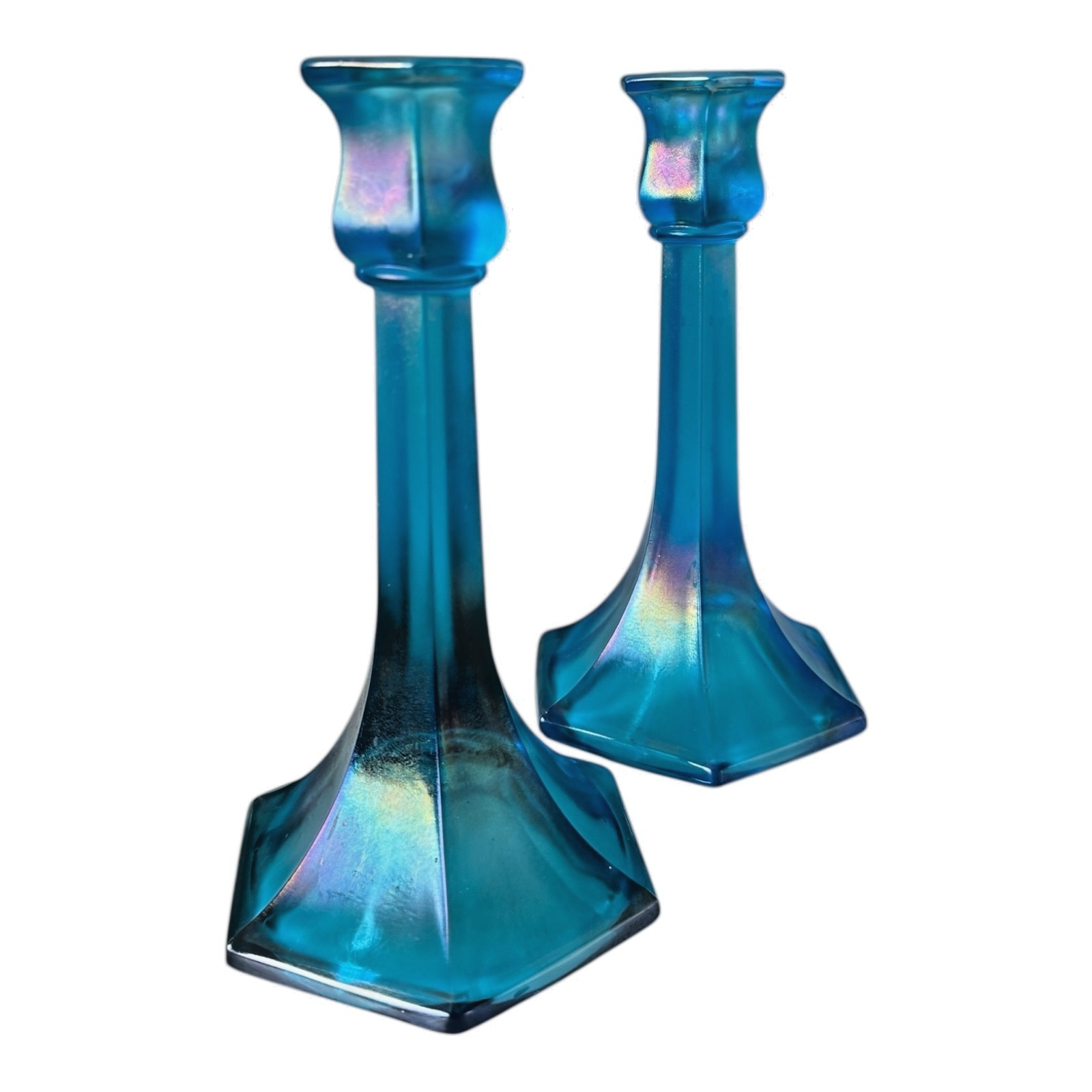 Antique Fenton Celeste Blue Iridescent Stretch Glass Candlesticks