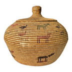 Antique Native American Coiled Lidded Grass Basket with Animal Figures