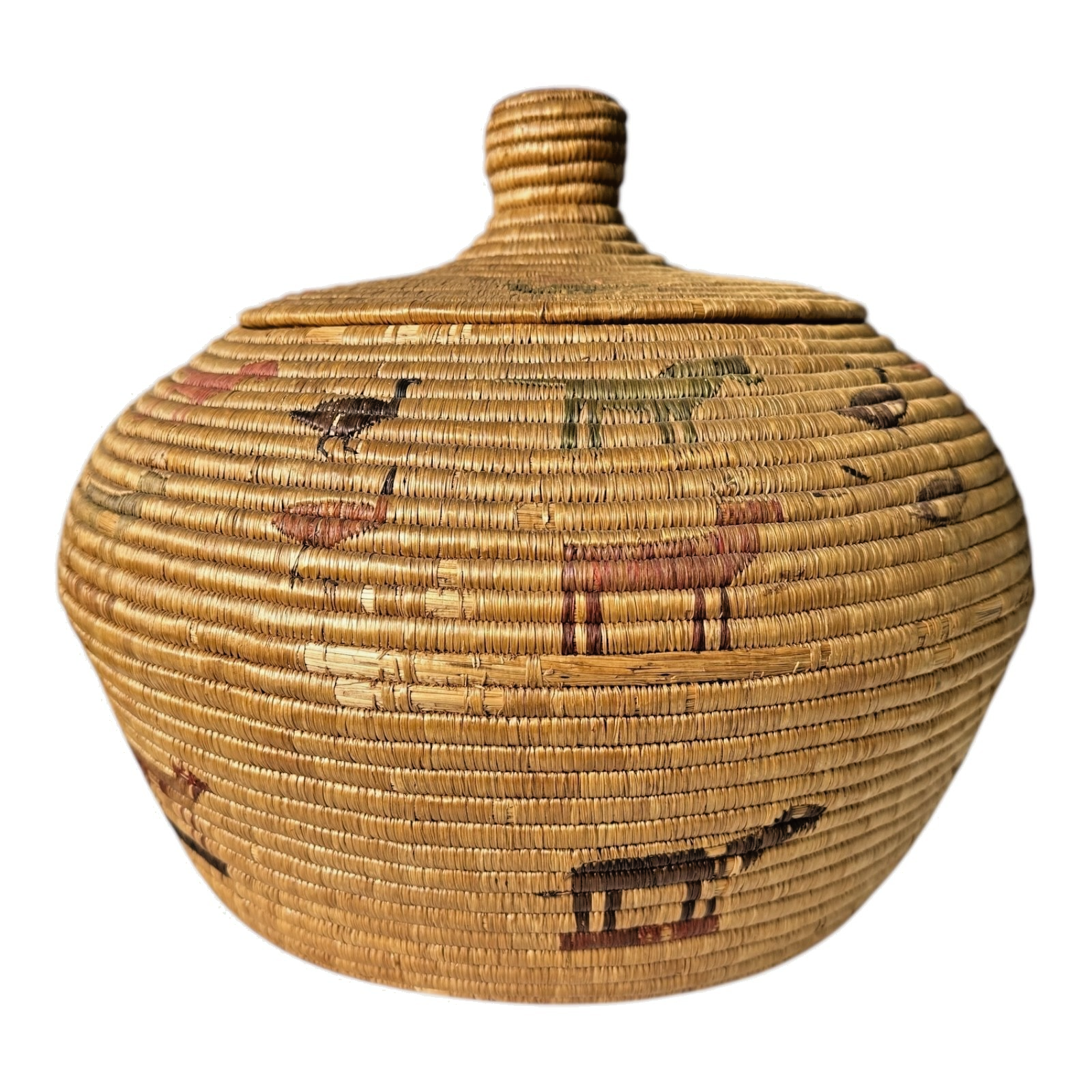 Antique Native American Coiled Lidded Grass Basket with Animal Figures