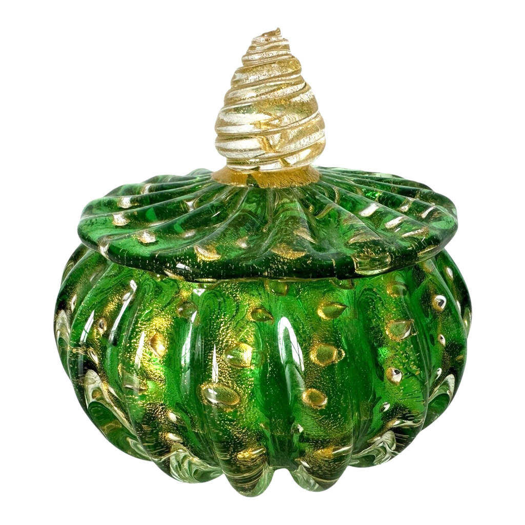 Vintage Murano Green and Gold Art Glass Lidded Box - Attr to Barovier & Toso