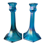 Antique Fenton Celeste Blue Iridescent Stretch Glass Candlesticks