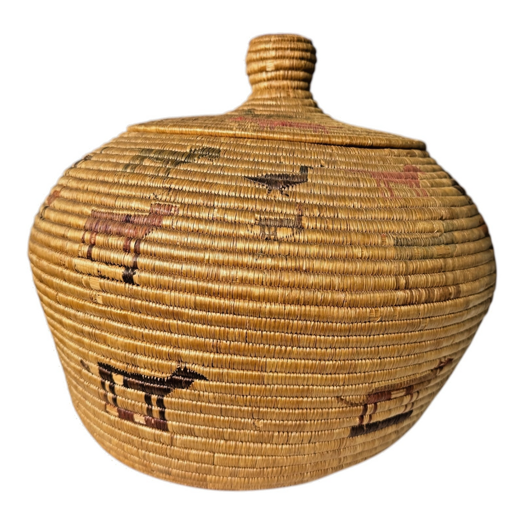 Antique Native American Coiled Lidded Grass Basket with Animal Figures