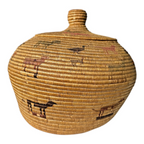 Antique Native American Coiled Lidded Grass Basket with Animal Figures