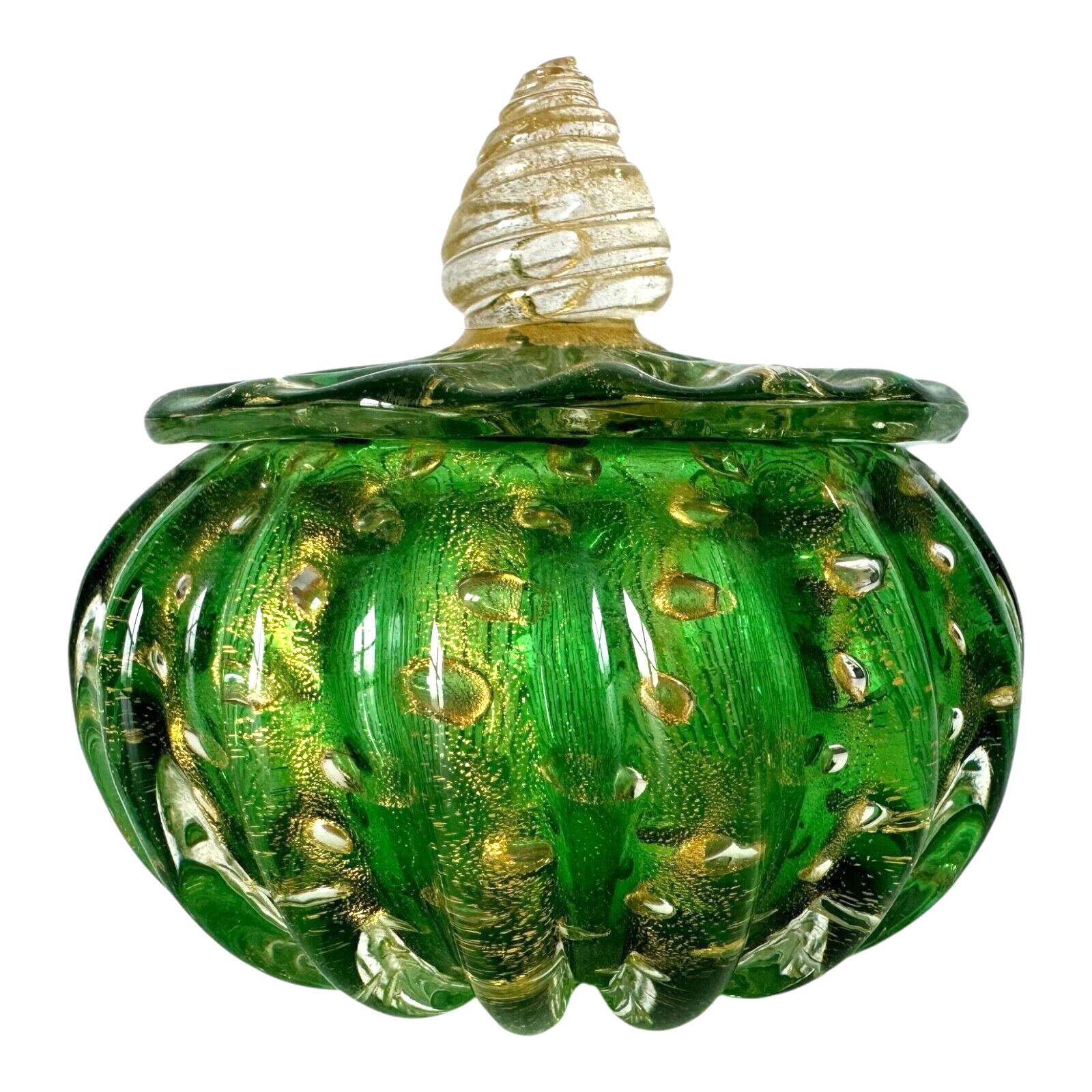 Vintage Murano Green and Gold Art Glass Lidded Box - Attr to Barovier & Toso