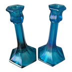 Antique Fenton Celeste Blue Iridescent Stretch Glass Candlesticks