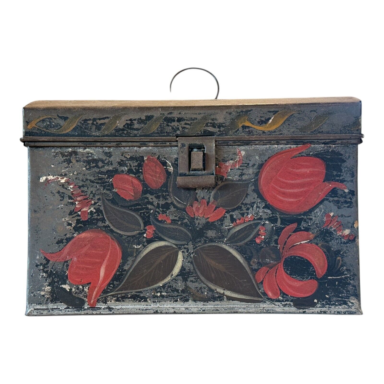 Antique Decorative Tin Toleware Lidded Floral Document Box
