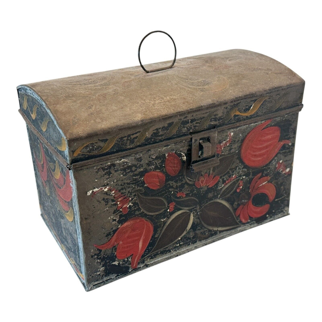 Antique Decorative Tin Toleware Lidded Floral Document Box