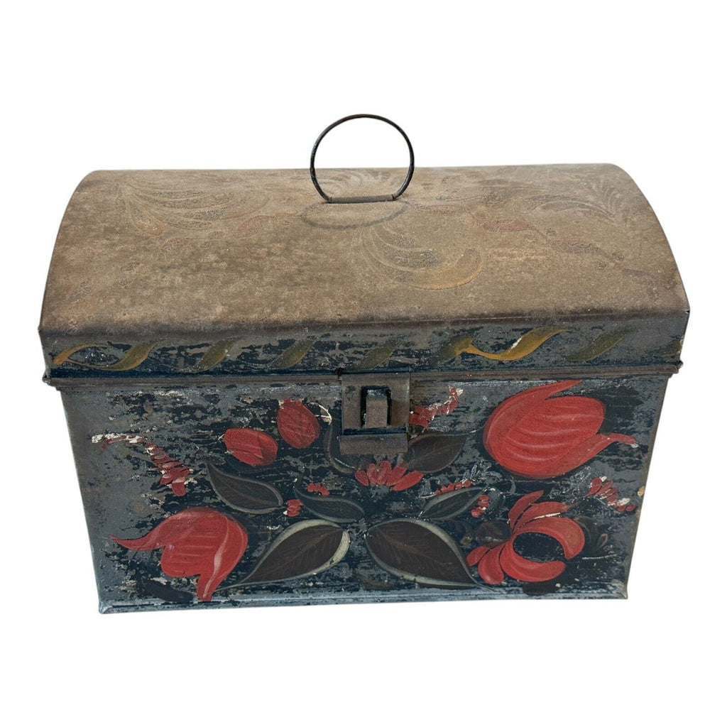 Antique Decorative Tin Toleware Lidded Floral Document Box