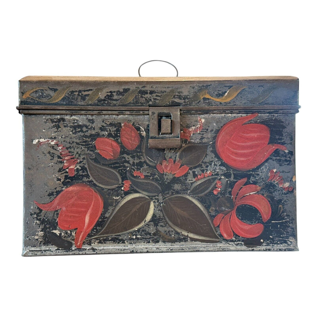 Antique Decorative Tin Toleware Lidded Floral Document Box